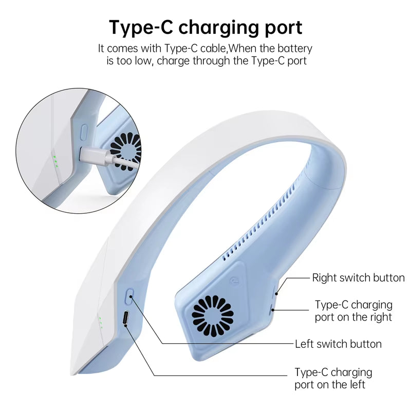 Hanging Neck Fans Type-C Mini Bladeless Fan USB Rechargeable Fan Mute for Sports Leafless Air Cooler Wearable Neckband